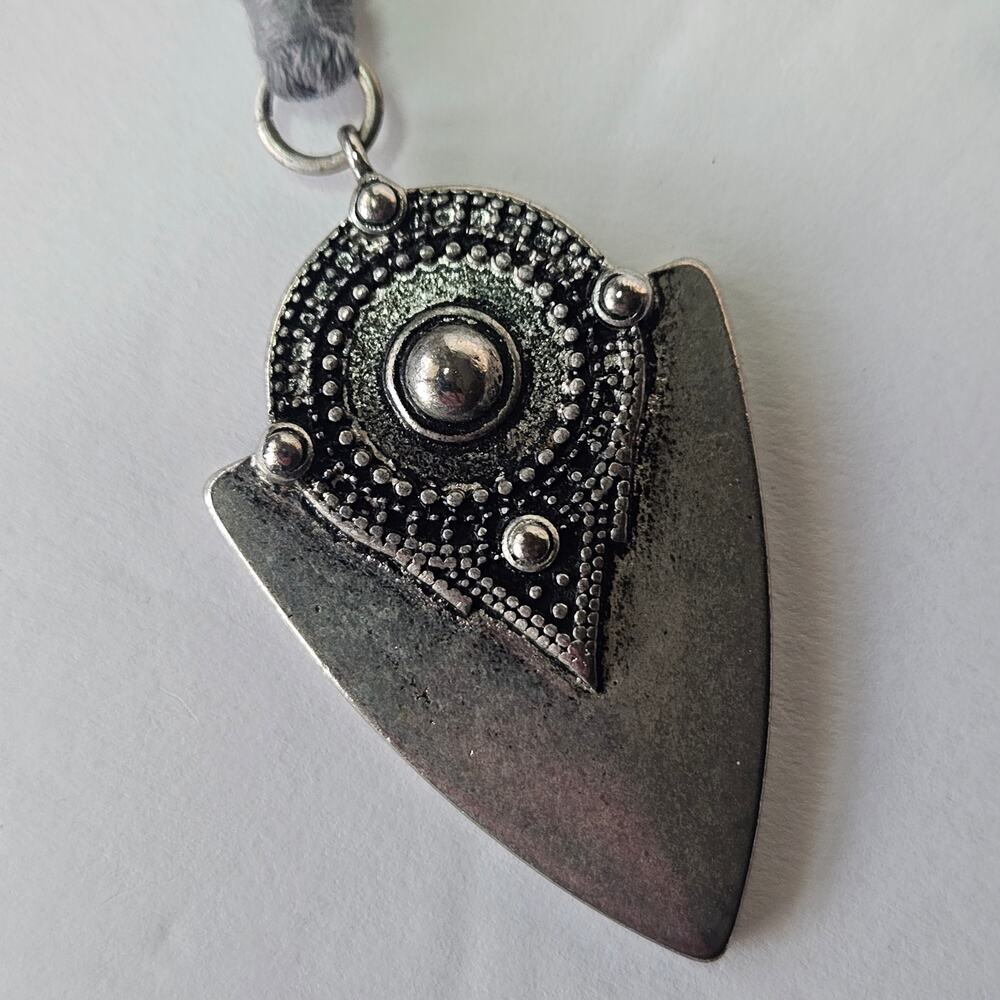 Vintage Ornate Silver Shield Arrowhead Pendant Grey Braided Cord Necklace